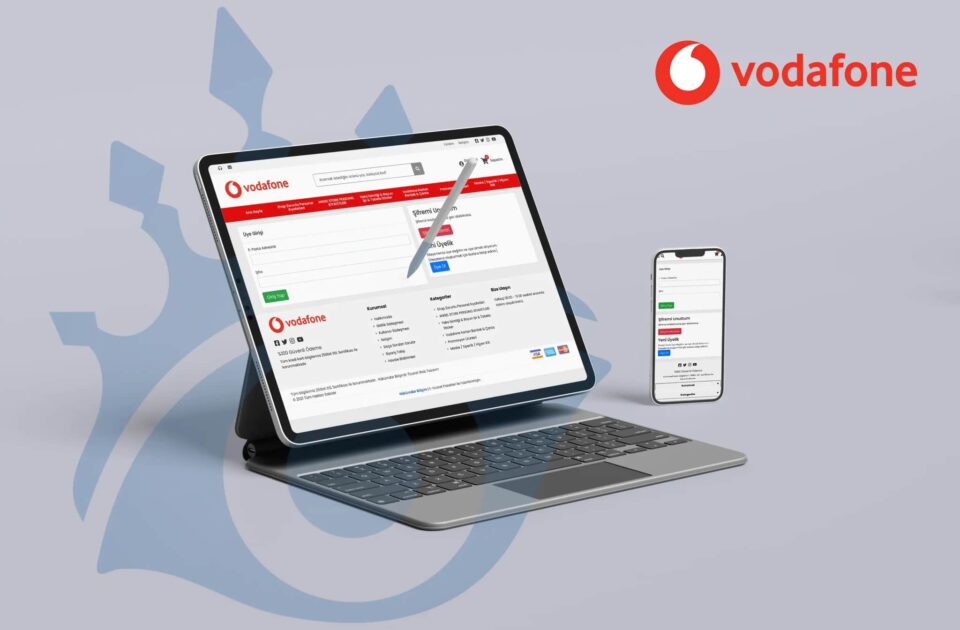 Vodafone online işlem merkezi giriş ekranı – tablet ve mobil cihazda kullanıcı paneli arayüzü gösteriliyor.