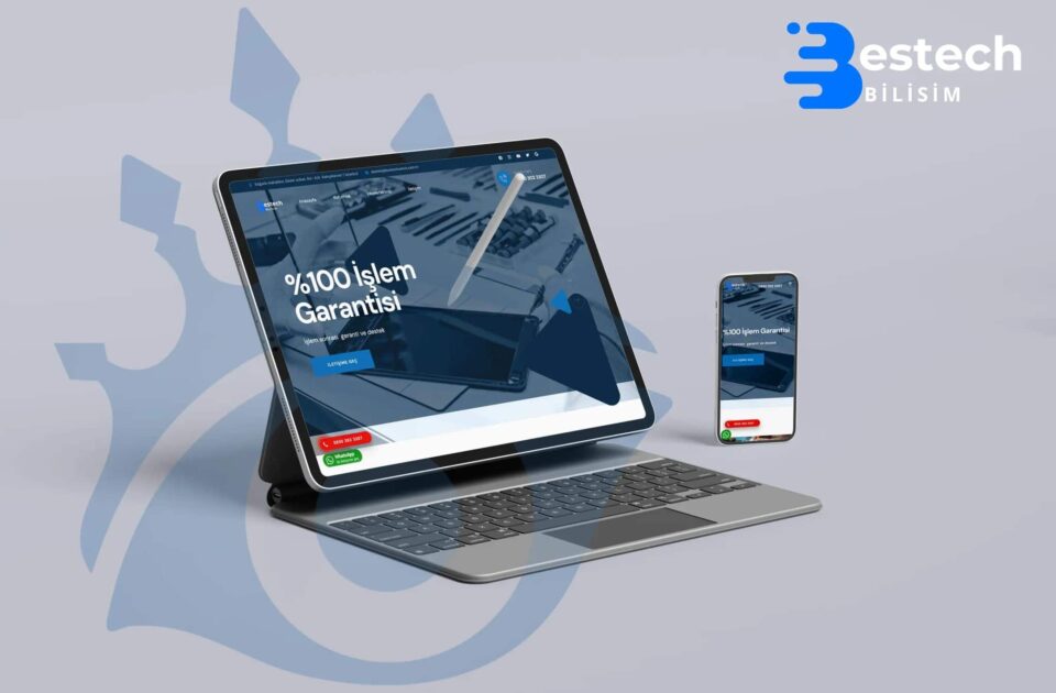 Bestech Bilişim web sitesi tanıtım görseli – %100 işlem garantisi vurgulu sayfa tablet ve mobil cihazlarda görüntüleniyor.