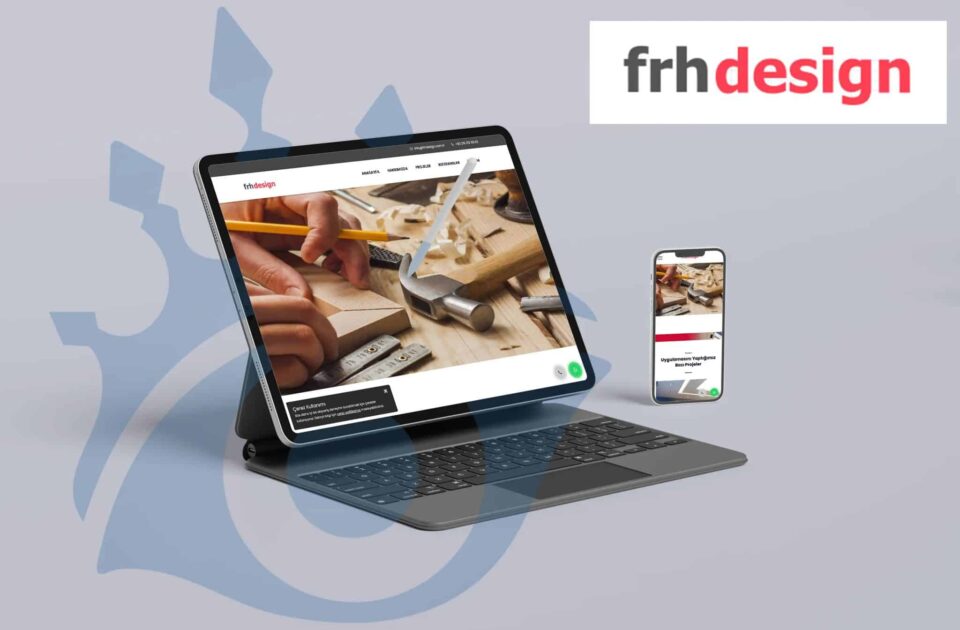 frh design web sitesi tanıtım görseli – ahşap işçiliği ve el aletleri ile üretim süreci tablet ve mobil ekranlarda gösteriliyor.